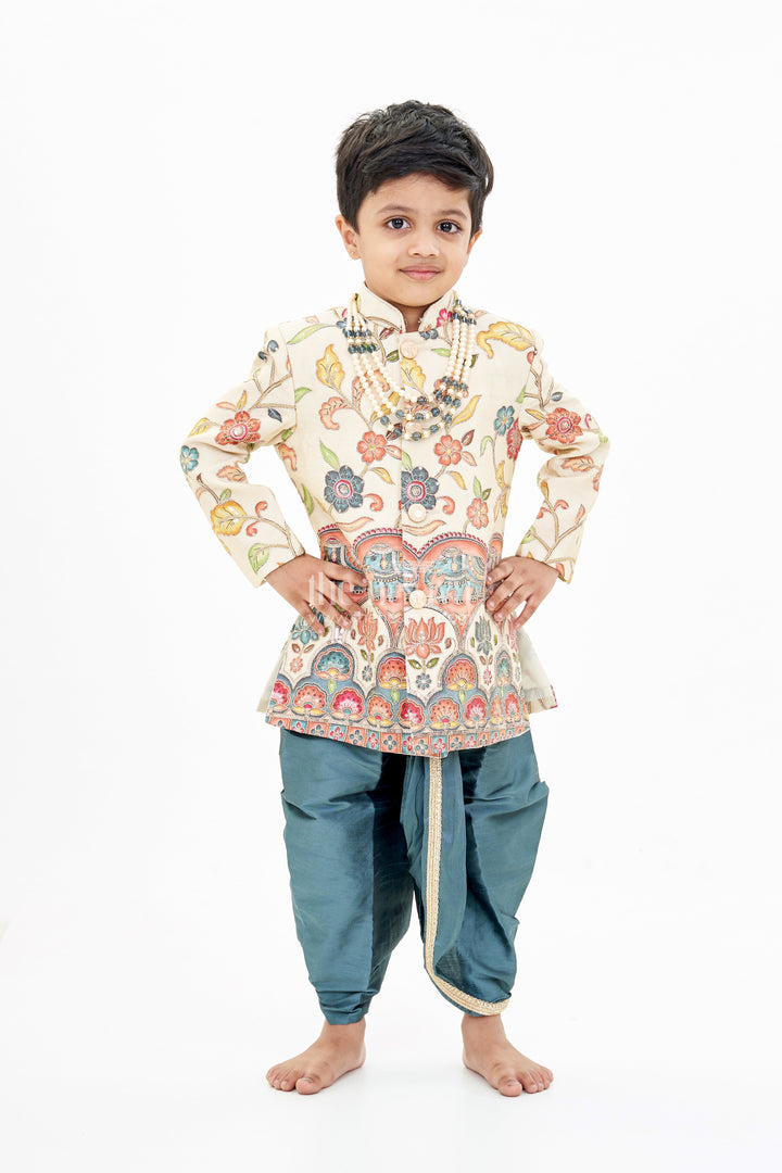 The Nesavu Boys Sherwani Cream Sherwani with Royal Digital Print and Teal Dhoti for Boys Festive Wear Nesavu Nesavu Boys Cream Sherwani Royal Digital Print Teal Dhoti Special Occasions