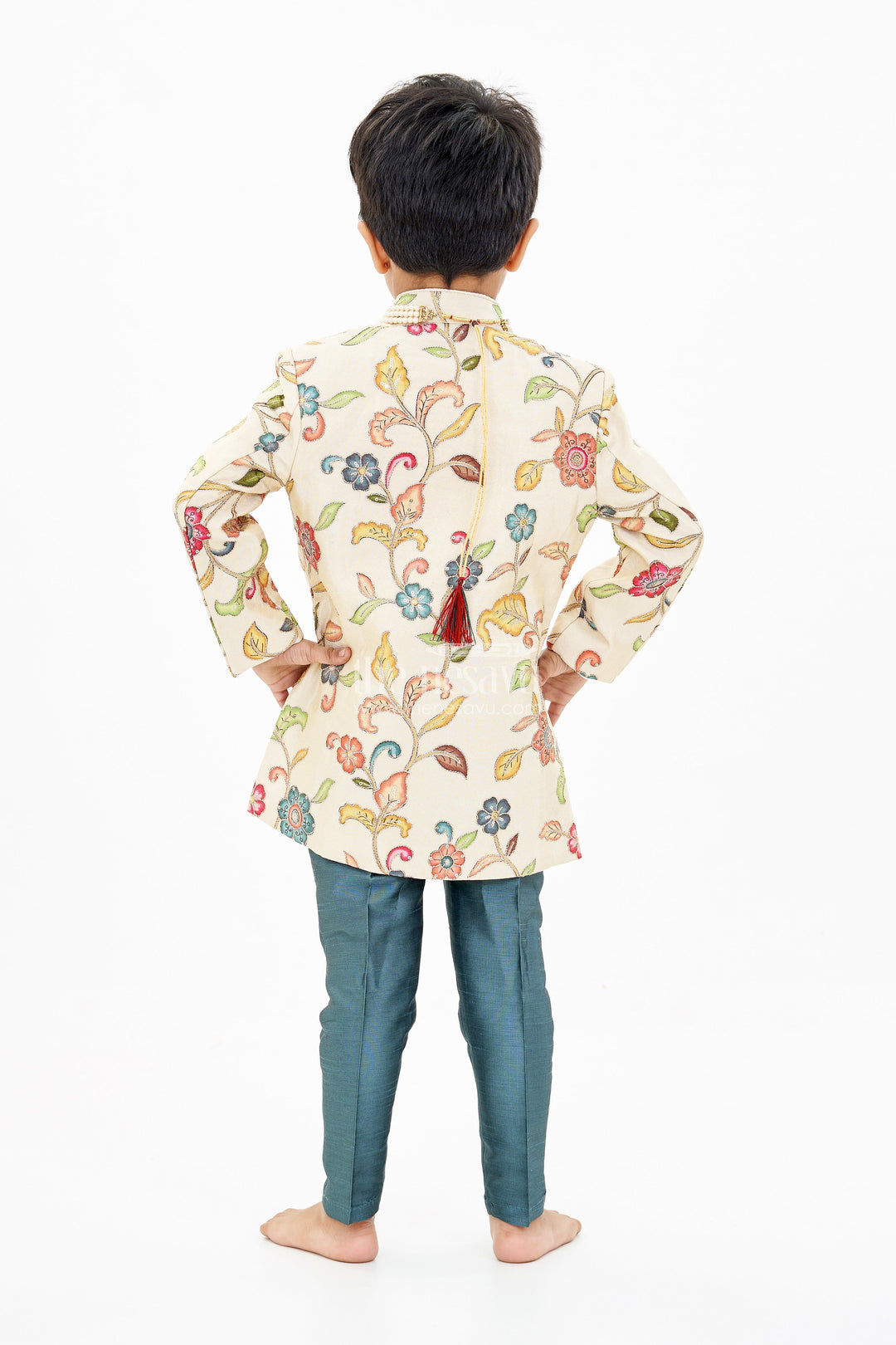 The Nesavu Boys Sherwani Cream Sherwani with Royal Digital Print and Teal Dhoti for Boys Festive Wear Nesavu Nesavu Boys Cream Sherwani Royal Digital Print Teal Dhoti Special Occasions