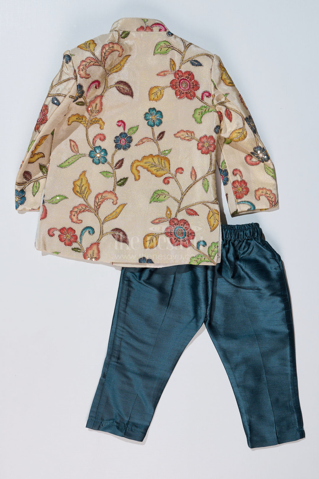The Nesavu Boys Sherwani Cream Sherwani with Royal Digital Print and Teal Dhoti for Boys Festive Wear Nesavu Nesavu Boys Cream Sherwani Royal Digital Print Teal Dhoti Special Occasions