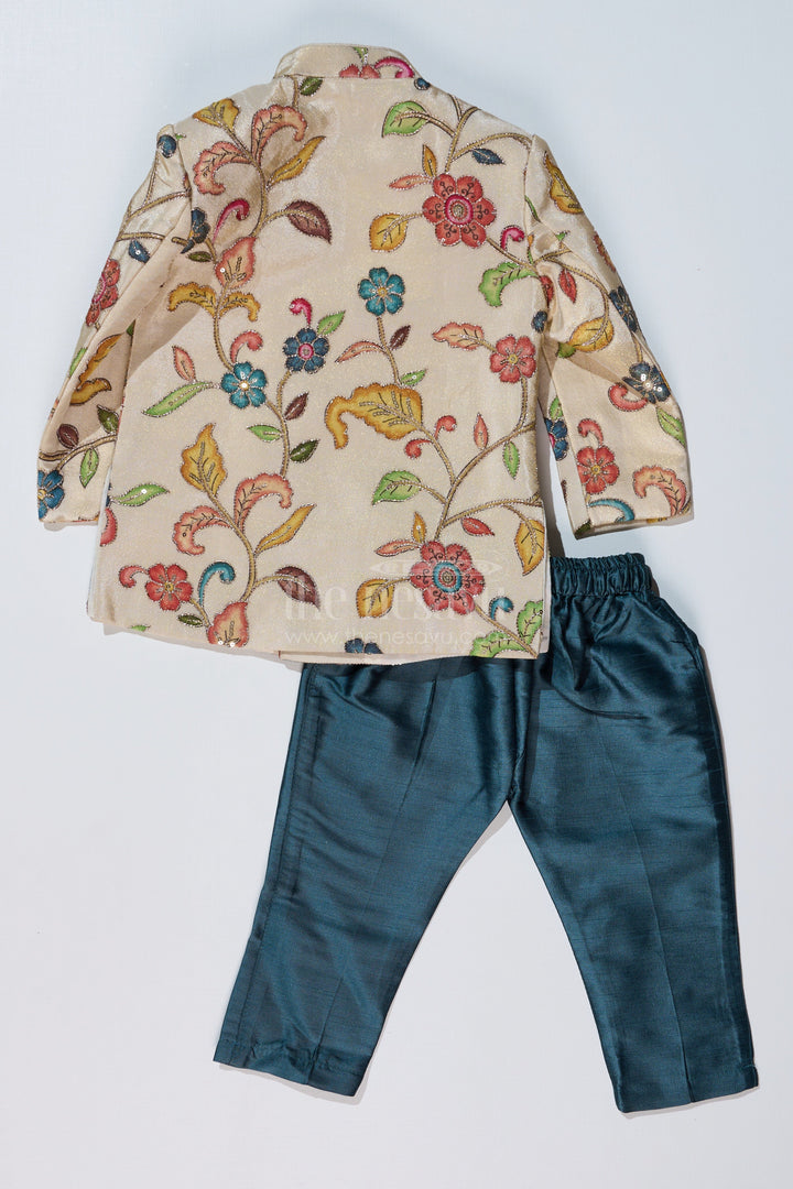 The Nesavu Boys Sherwani Cream Sherwani with Royal Digital Print and Teal Dhoti for Boys Festive Wear Nesavu Nesavu Boys Cream Sherwani Royal Digital Print Teal Dhoti Special Occasions