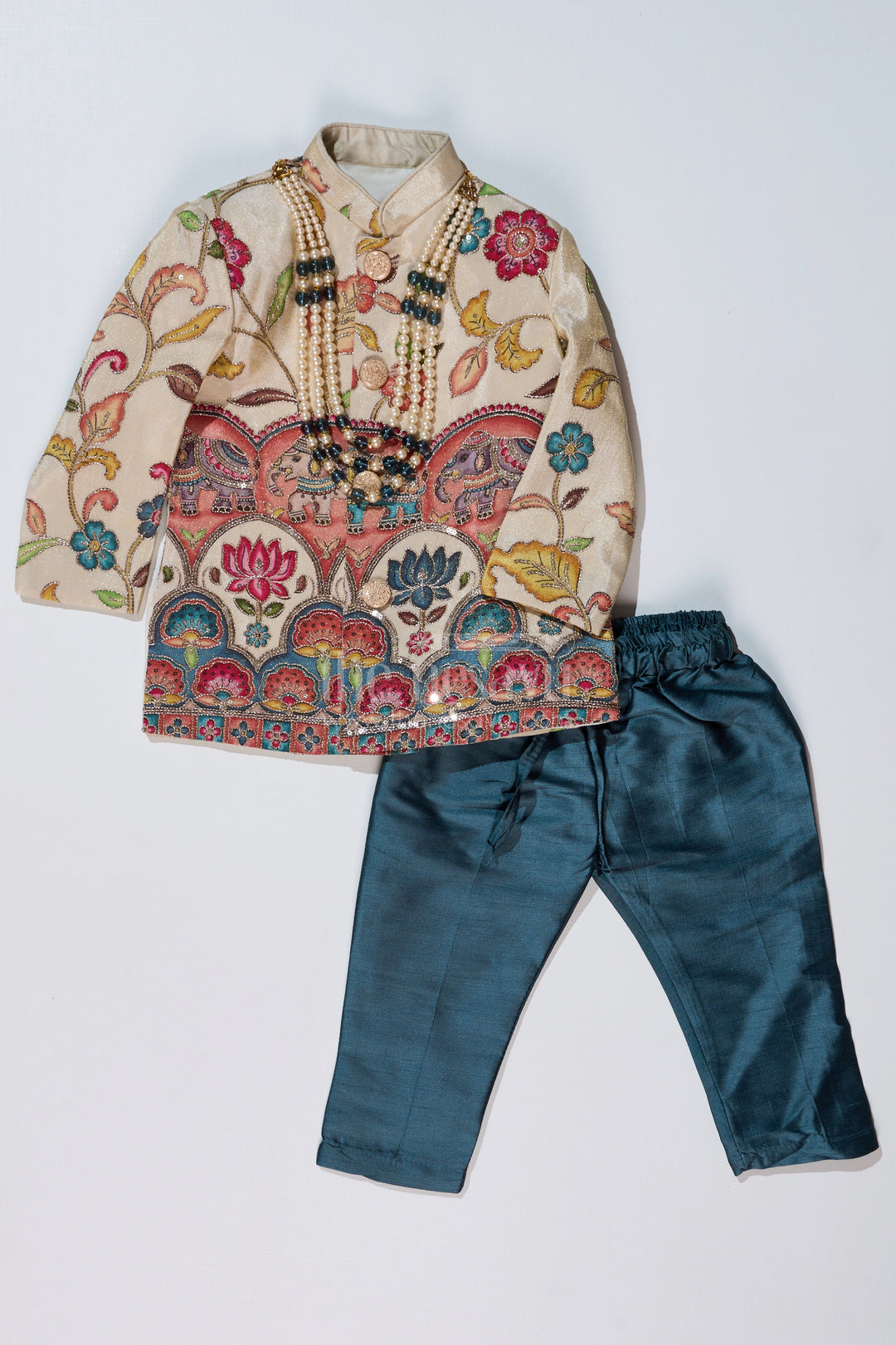 The Nesavu Boys Sherwani Cream Sherwani with Royal Digital Print and Teal Dhoti for Boys Festive Wear Nesavu Nesavu Boys Cream Sherwani Royal Digital Print Teal Dhoti Special Occasions