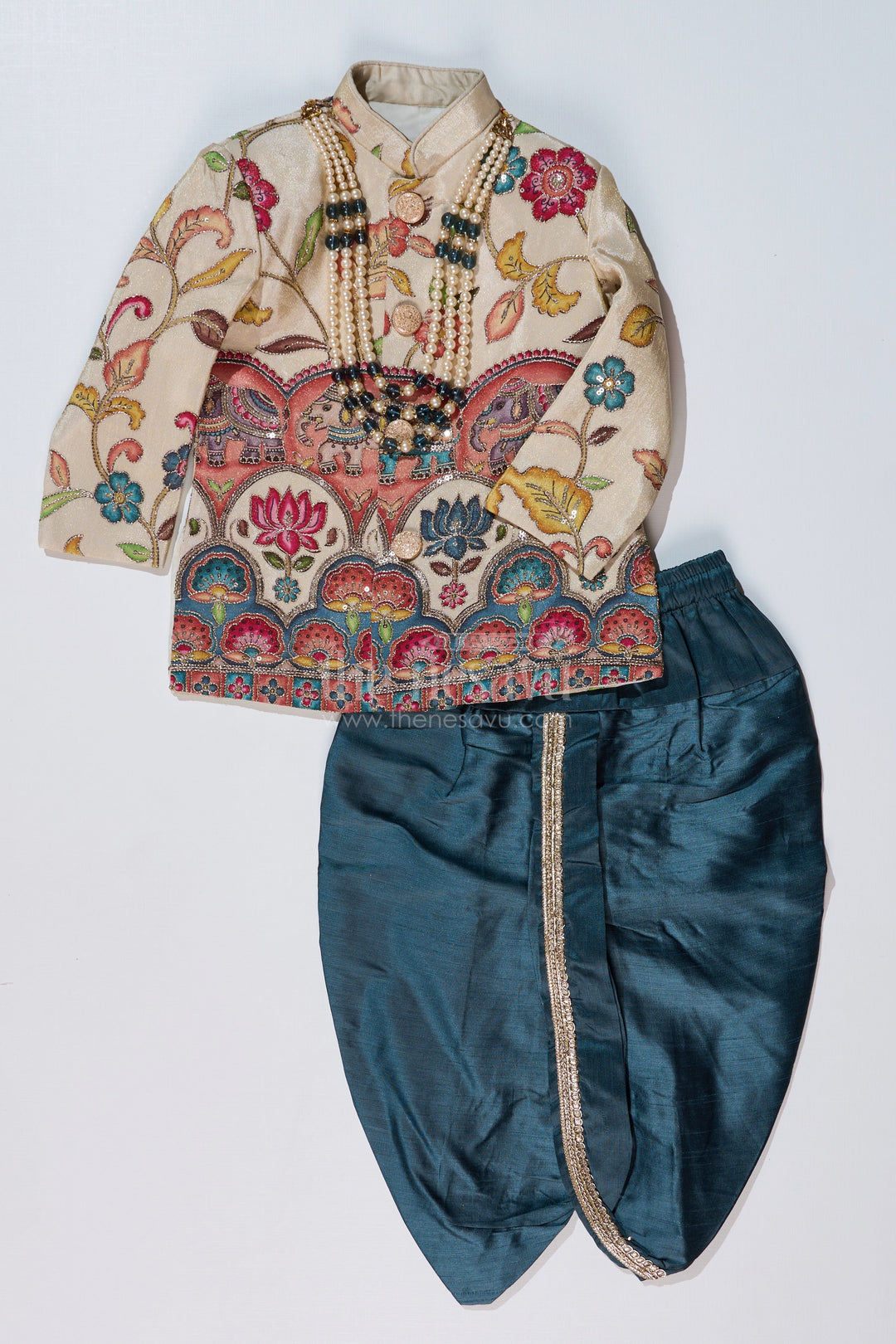 The Nesavu Boys Sherwani Cream Sherwani with Royal Digital Print and Teal Dhoti for Boys Festive Wear Nesavu Nesavu Boys Cream Sherwani Royal Digital Print Teal Dhoti Special Occasions