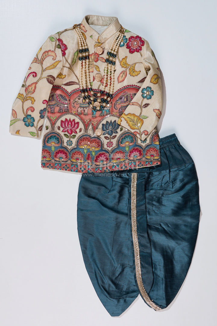 The Nesavu Boys Sherwani Cream Sherwani with Royal Digital Print and Teal Dhoti for Boys Festive Wear Nesavu Nesavu Boys Cream Sherwani Royal Digital Print Teal Dhoti Special Occasions