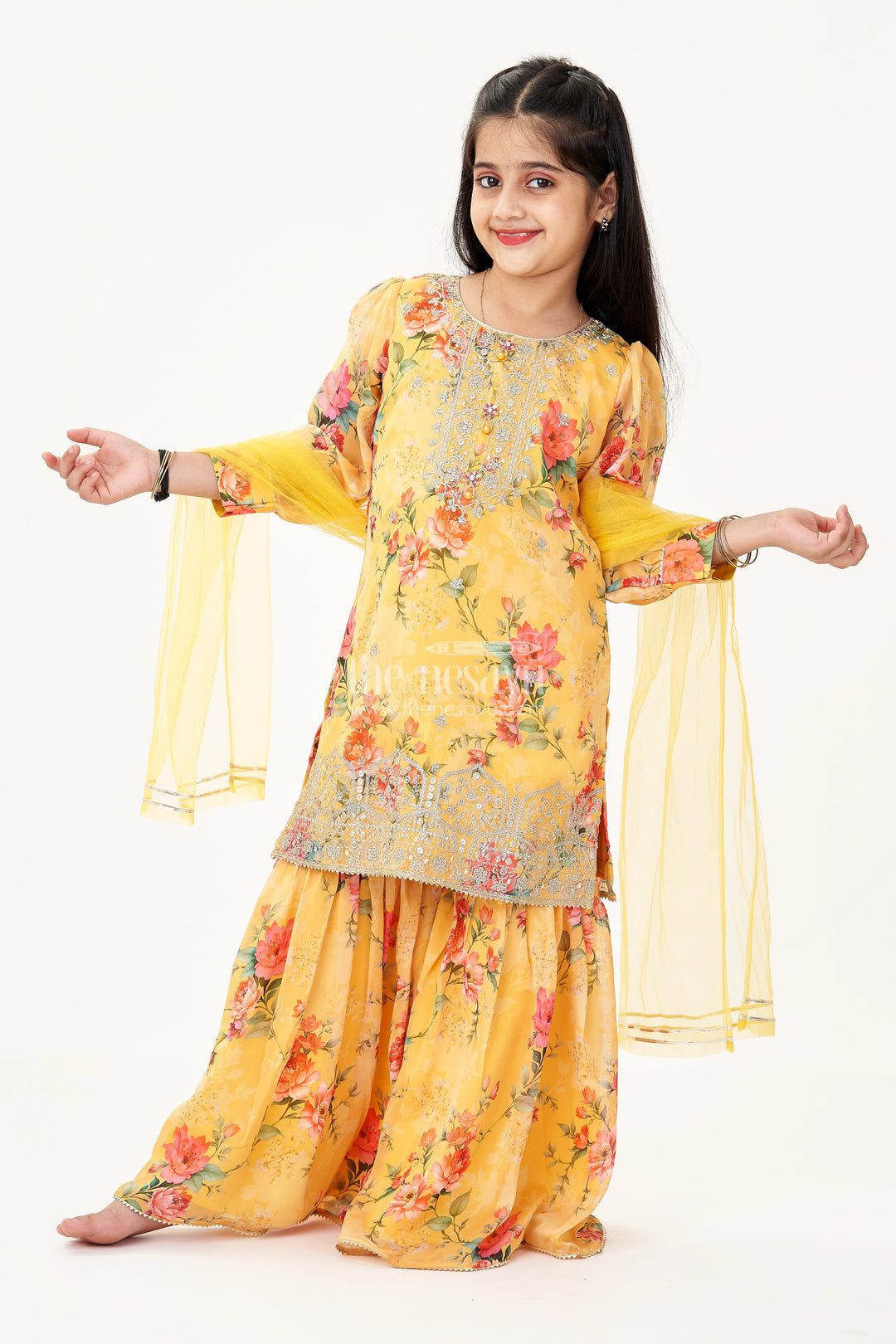 The Nesavu Girls Sharara / Plazo Set Crepe Sharara Set for Girls in Yellow with Floral Digital Print and Sequins Embroidery Nesavu 22 (4Y) / Yellow GPS580A-22 Nesavu Girls Crepe Sharara Set Yellow Digital Floral Prints Sequin Embroidery