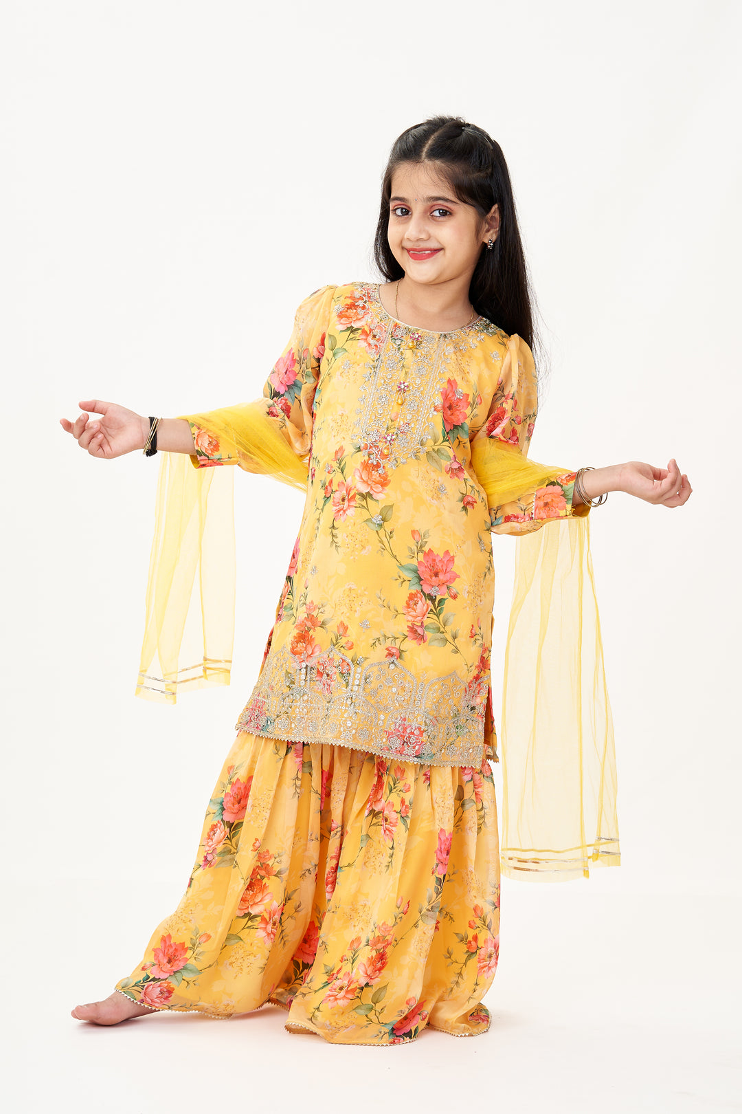 The Nesavu Girls Sharara / Plazo Set Crepe Sharara Set for Girls in Yellow with Floral Digital Print and Sequins Embroidery Nesavu 22 (4Y) / Yellow GPS580A-22 Nesavu Girls Crepe Sharara Set Yellow Digital Floral Prints Sequin Embroidery