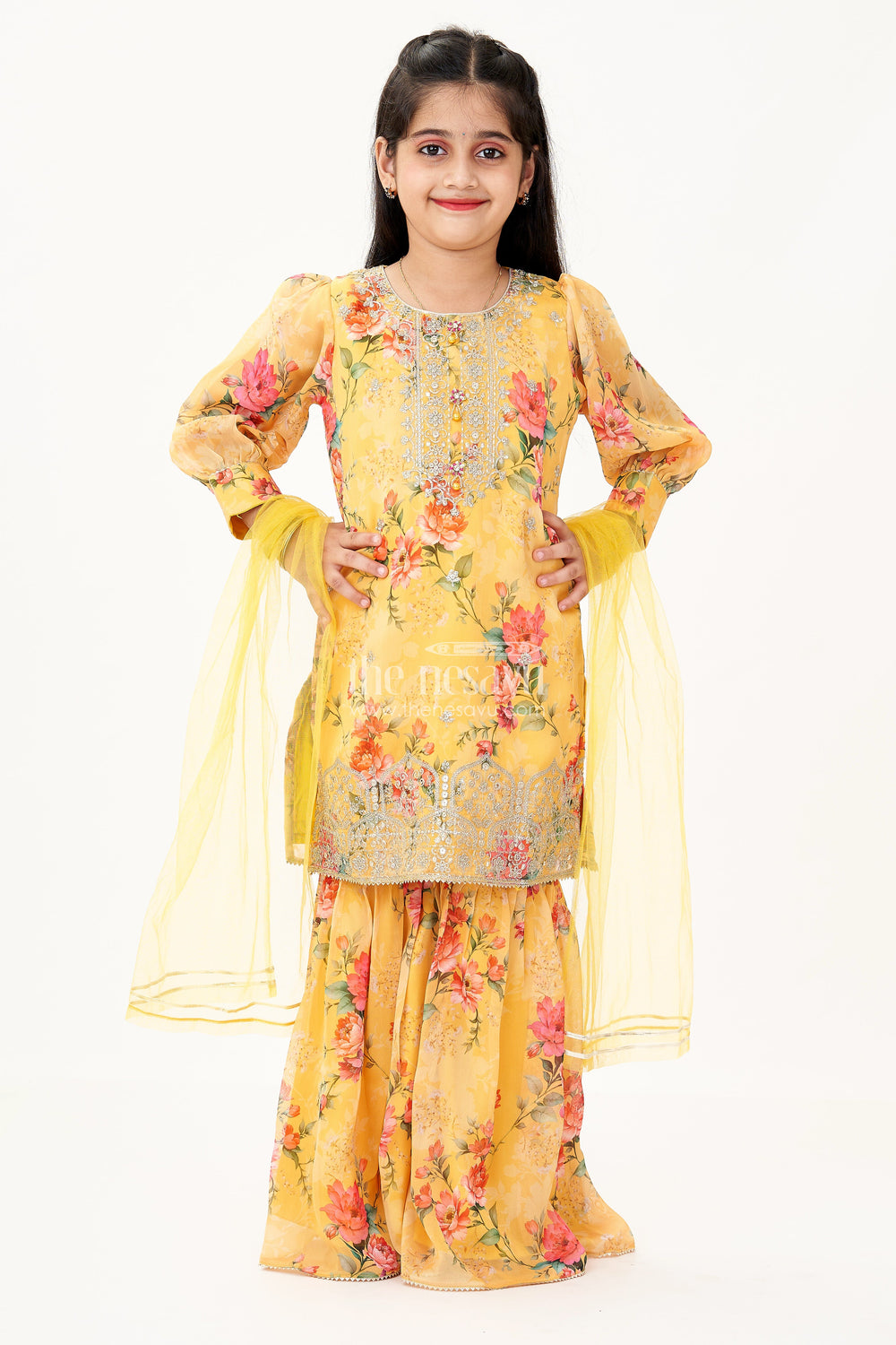 The Nesavu Girls Sharara / Plazo Set Crepe Sharara Set for Girls in Yellow with Floral Digital Print and Sequins Embroidery Nesavu Nesavu Girls Crepe Sharara Set Yellow Digital Floral Prints Sequin Embroidery