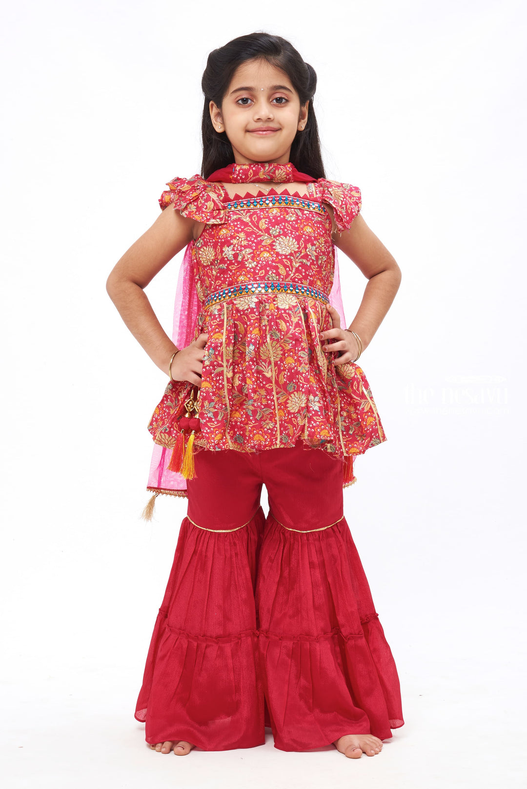 The Nesavu Girls Sharara / Plazo Set Crimson Blossom: Girls Kurti with Gharara Pant and Dupatta Set Nesavu 16 (1Y) / Red / Viscose Chinon GPS231A-16 Festive Gharara outfits for young girl | Girls top with Gharara pant set | The Nesavu