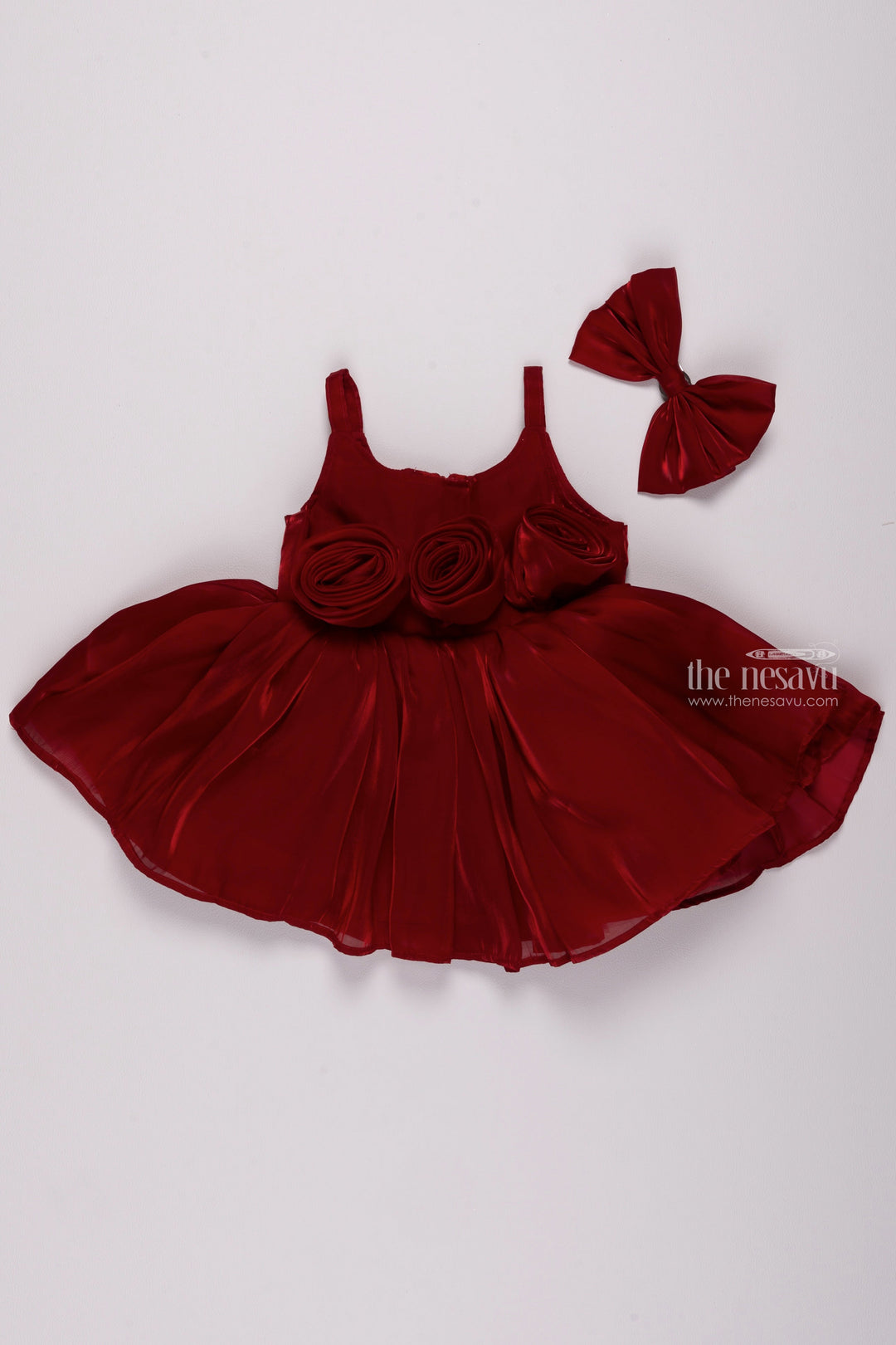 The Nesavu Girls Fancy Party Frock Crimson Blossom: Gorgeous Fabric Floral Applique on Red Organza Party Dress Nesavu 16 (1Y) / Red / Organza PF150A-16 Premium Organza Baby Dresses | Fancy Dresses for Little Girls | The Nesavu