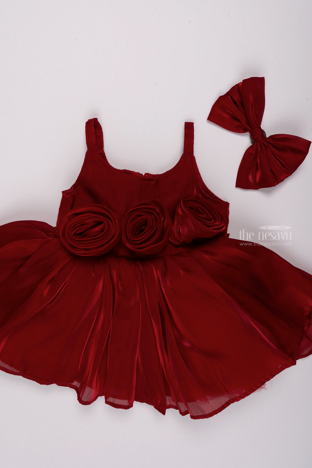 The Nesavu Girls Fancy Party Frock Crimson Blossom: Gorgeous Fabric Floral Applique on Red Organza Party Dress Nesavu Premium Organza Baby Dresses | Fancy Dresses for Little Girls | The Nesavu