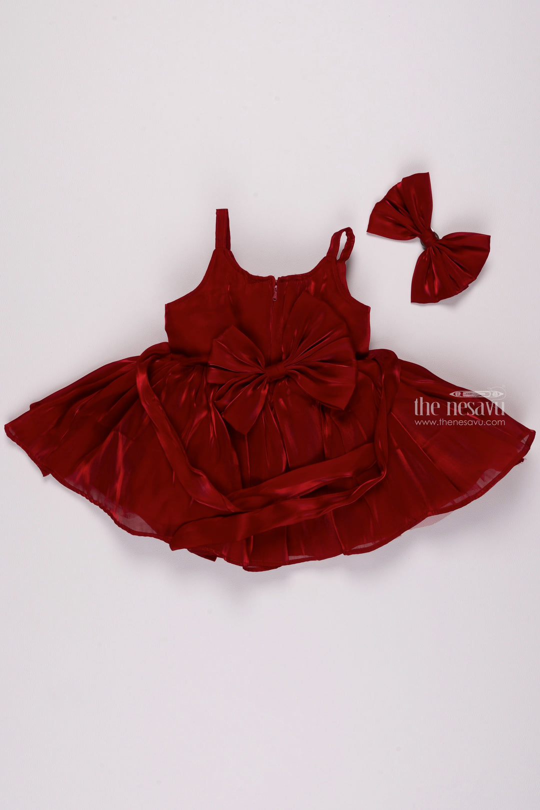 The Nesavu Girls Fancy Party Frock Crimson Blossom: Gorgeous Fabric Floral Applique on Red Organza Party Dress Nesavu Premium Organza Baby Dresses | Fancy Dresses for Little Girls | The Nesavu