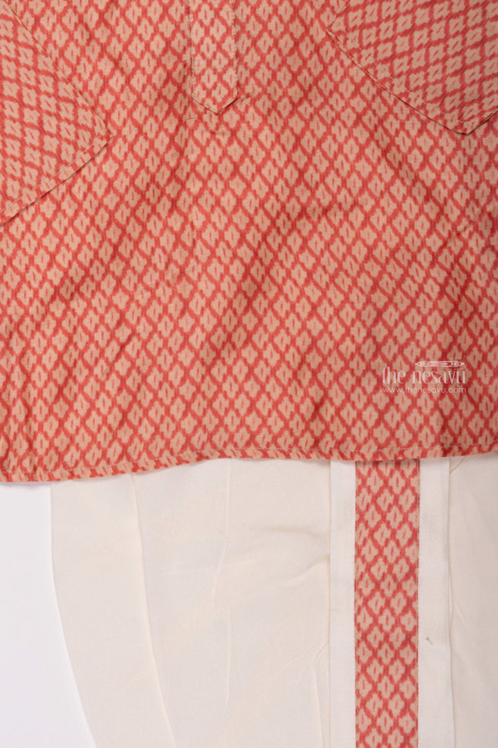 The Nesavu Boys Dothi Set Crimson Canvas: Timeless Block Print Red Kurta with Pristine White Panchagajam for Boys Nesavu Elegant & Comfortable | Boys Cotton Kurta Sets | The Nesavu