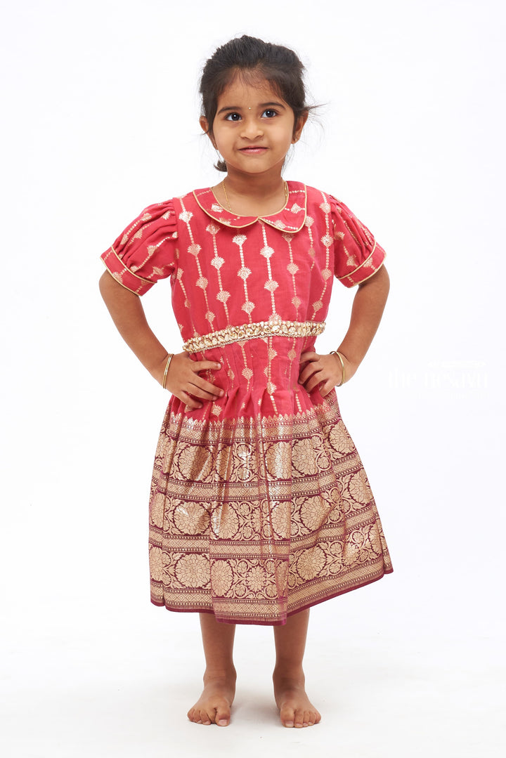 The Nesavu Silk Frock Crimson Charm Chronicle: Golden Zari Embroidered Silk Frock for Girls Nesavu 16 (1Y) / Pink / Chanderi SF719A-16 Flowing Silk Gown for Special Occasions | Girls' Vintage Designer Wear | The Nesavu