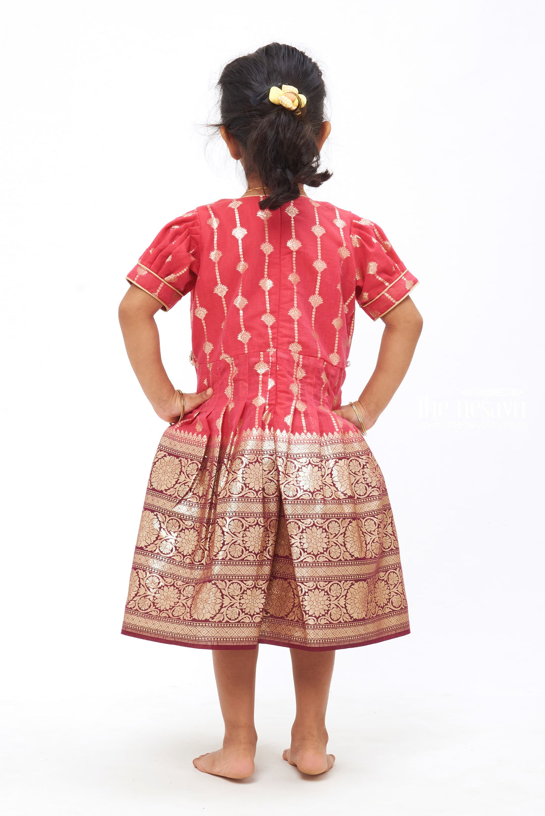 The Nesavu Silk Frock Crimson Charm Chronicle: Golden Zari Embroidered Silk Frock for Girls Nesavu Flowing Silk Gown for Special Occasions | Girls' Vintage Designer Wear | The Nesavu