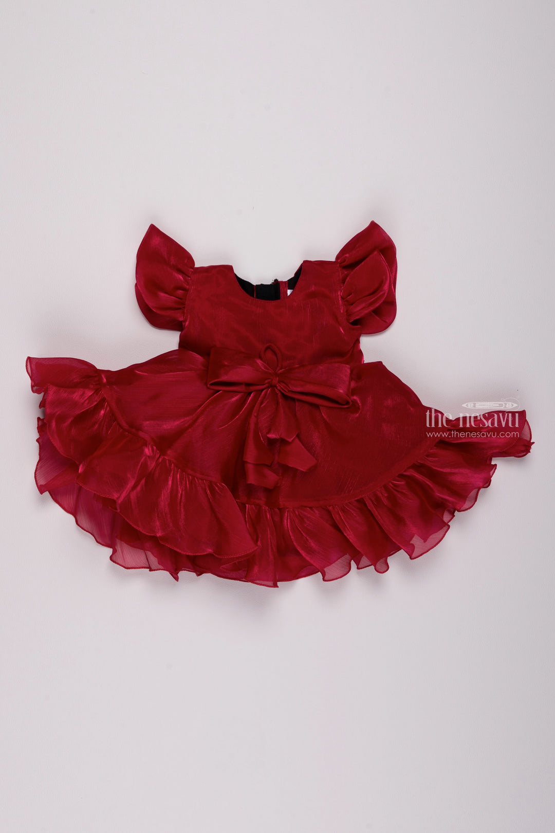 The Nesavu Girls Fancy Party Frock Crimson Charm: Flared Organza Party Frock with Distinctive Bow Detail Nesavu 12 (3M) / Red / Organza PF138B-12 Chic Baby Girl Organza Dress | Trendy Party Frocks for Little Ones | The Nesavu