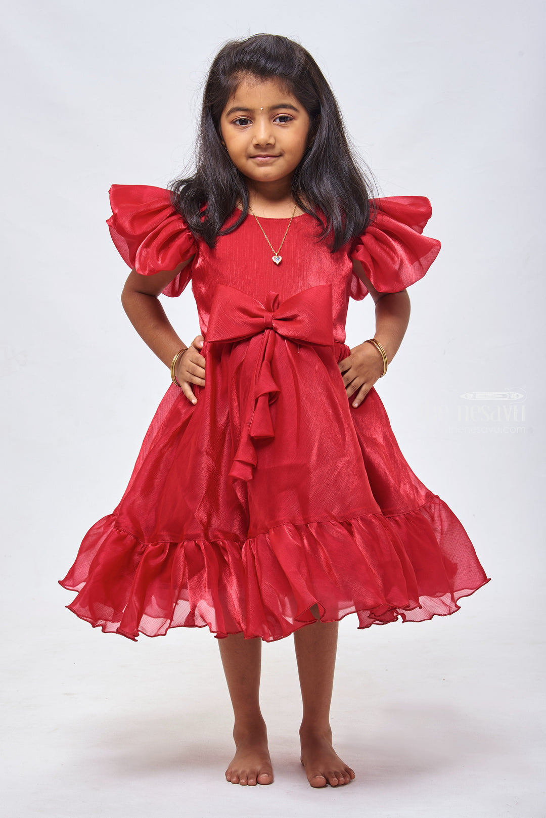 The Nesavu Girls Fancy Party Frock Crimson Charm: Flared Organza Party Frock with Distinctive Bow Detail Nesavu 12 (3M) / Red / Organza PF138B-12 Chic Baby Girl Organza Dress | Trendy Party Frocks for Little Ones | The Nesavu