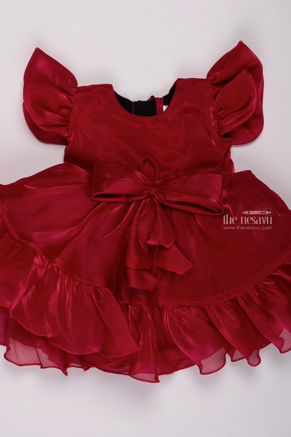 The Nesavu Girls Fancy Party Frock Crimson Charm: Flared Organza Party Frock with Distinctive Bow Detail Nesavu Chic Baby Girl Organza Dress | Trendy Party Frocks for Little Ones | The Nesavu
