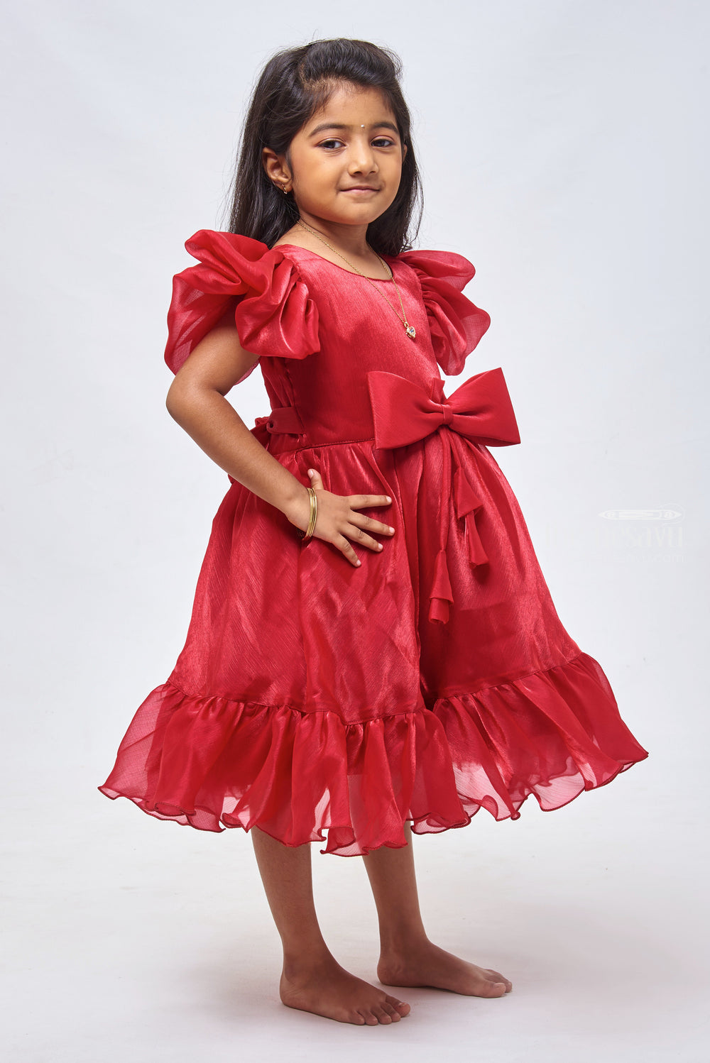 The Nesavu Girls Fancy Party Frock Crimson Charm: Flared Organza Party Frock with Distinctive Bow Detail Nesavu Chic Baby Girl Organza Dress | Trendy Party Frocks for Little Ones | The Nesavu