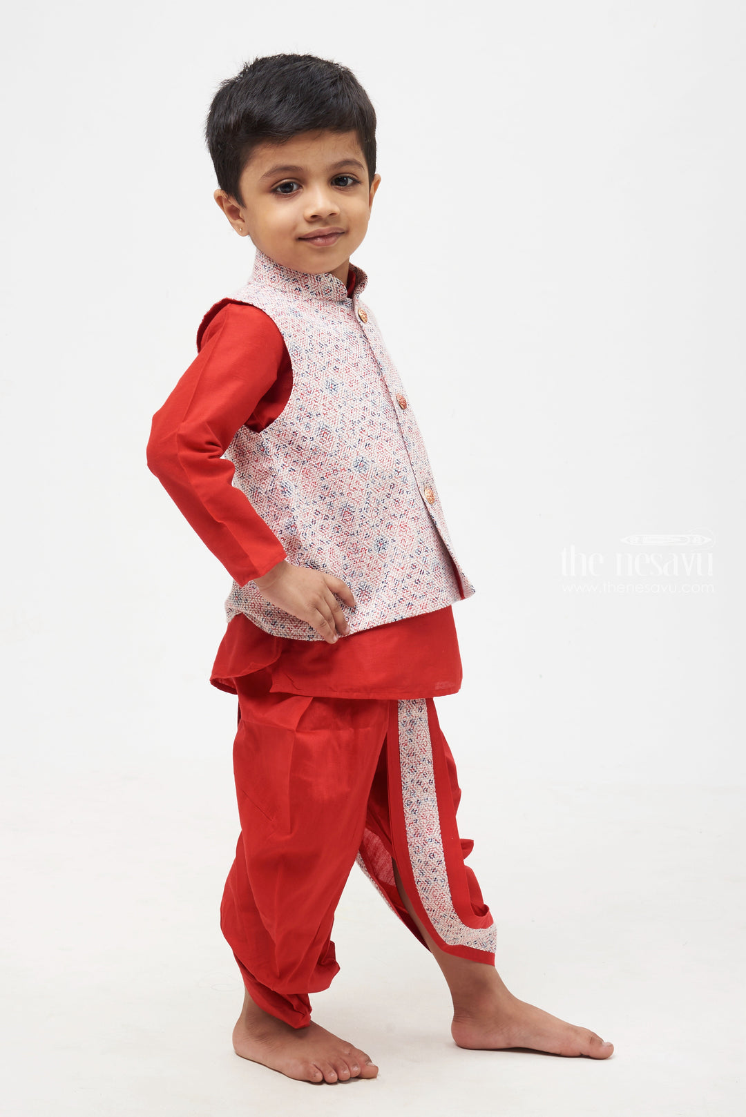 The Nesavu Boys Jacket Sets Crimson Craftsmanship: Resham Jacket Highlight with Red Kurta & Panchagajam Set for Boys Nesavu Elegant Boys Ethnic Wear | Comfortable Boys Kurta Dhoti Set | The Nesavu