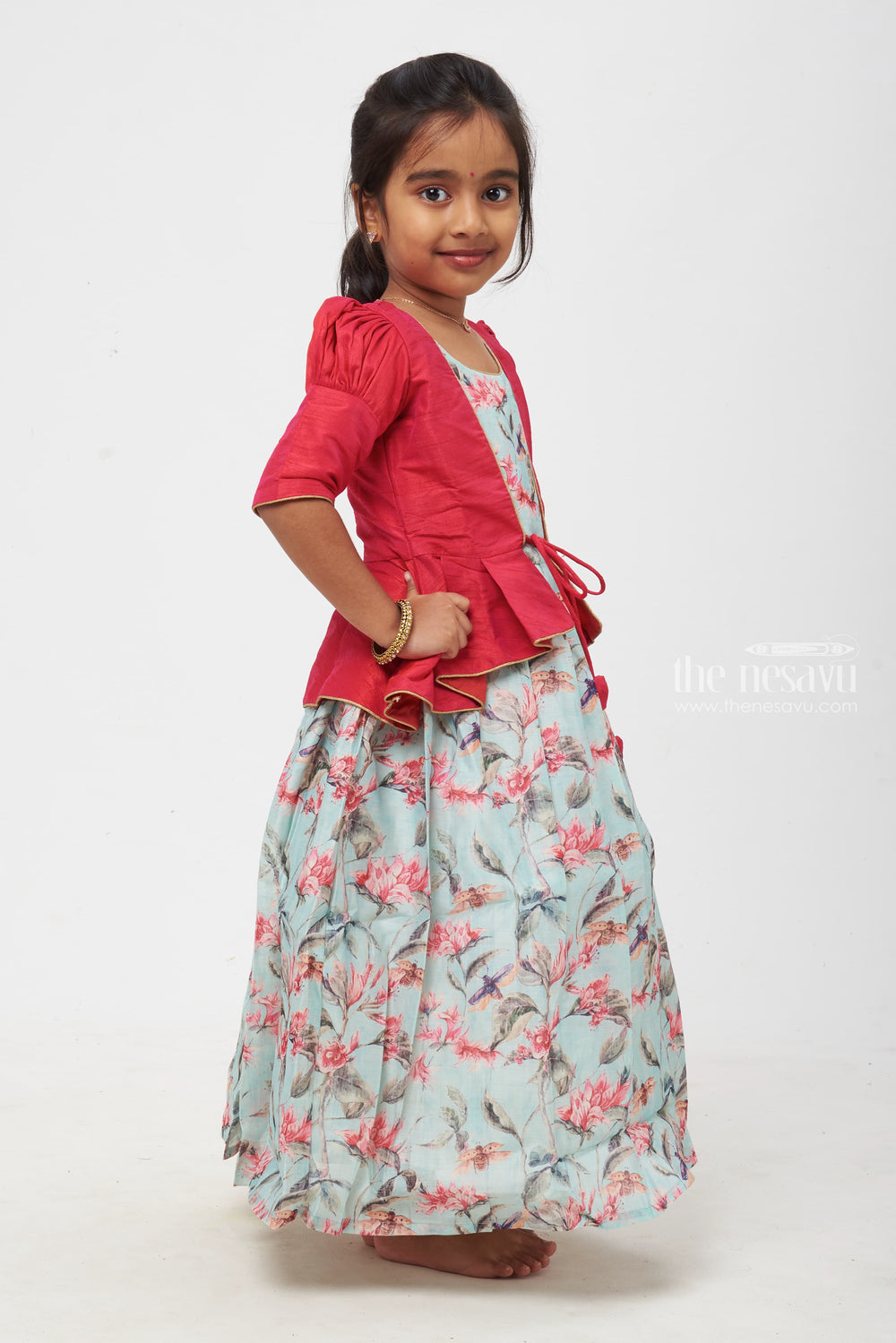 The Nesavu Girls Silk Gown Crimson Elegance: Children's Bird & Blossom Print Dress Ensemble Nesavu Exquisite Anarkali with Overcoat Collection | Tradition with Trendy Dress Designs | The Nesavu