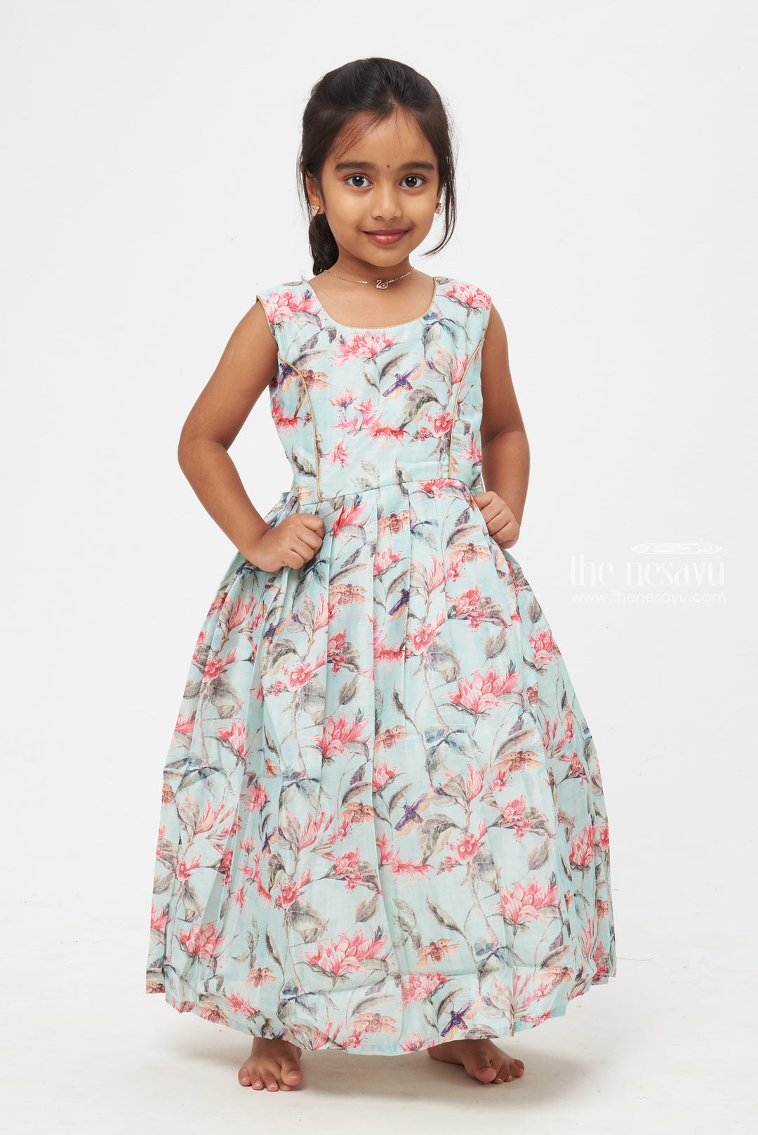 The Nesavu Girls Silk Gown Crimson Elegance: Children's Bird & Blossom Print Dress Ensemble Nesavu Exquisite Anarkali with Overcoat Collection | Tradition with Trendy Dress Designs | The Nesavu