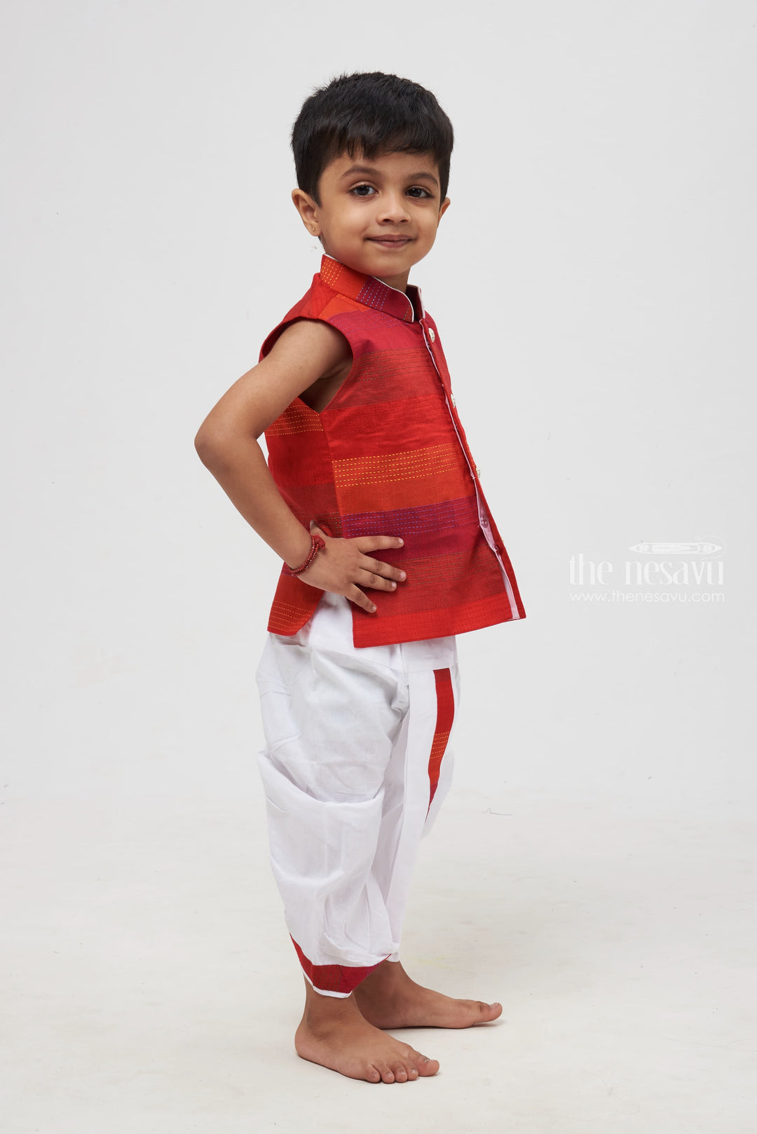 The Nesavu Boys Dothi Set Crimson Elegance: Rich Red Hue Kurta Shirt with Dhoti Set for Boys Nesavu Boys Designer Dhoti set | Perfect Blend of Tradition and Style | The Nesavu