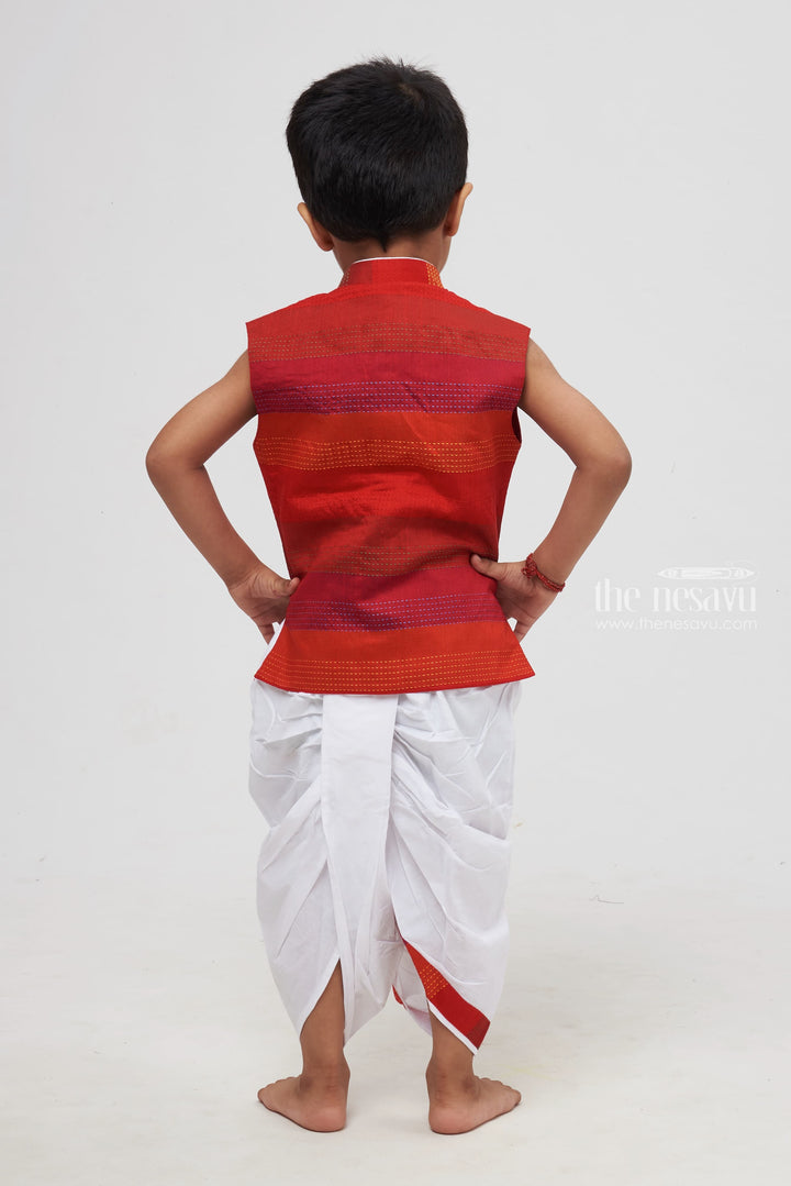 The Nesavu Boys Dothi Set Crimson Elegance: Rich Red Hue Kurta Shirt with Dhoti Set for Boys Nesavu Boys Designer Dhoti set | Perfect Blend of Tradition and Style | The Nesavu