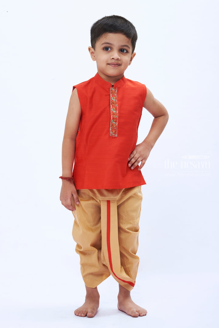 The Nesavu Boys Dothi Set Crimson Red Kurta and Beige Dhoti Set for Boys - Classic Panchagajam Attire Nesavu 12 (3M) / Red / Silk Blend BES476B-12 Boys' Crimson Red Kurta & Beige Dhoti Set | Traditional Panchagajam Ensemble | The Nesavu