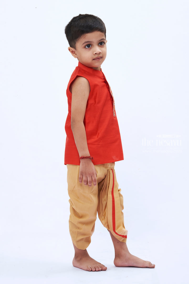 The Nesavu Boys Dothi Set Crimson Red Kurta and Beige Dhoti Set for Boys - Classic Panchagajam Attire Nesavu Boys' Crimson Red Kurta & Beige Dhoti Set | Traditional Panchagajam Ensemble | The Nesavu