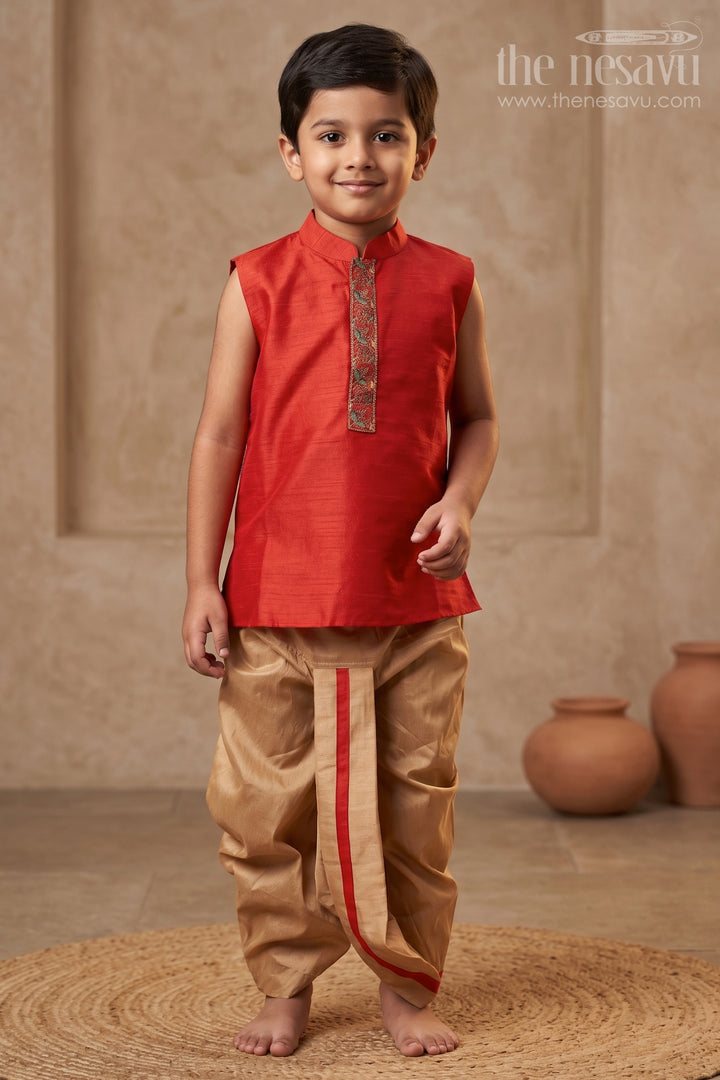 The Nesavu Boys Dothi Set Crimson Red Kurta and Beige Dhoti Set for Boysclassic Panchagajam Attire Nesavu 12 (3M) / Red / Silk Blend BES476B-12 Boys Crimson Red Kurta & Beige Dhoti Set | The Nesavu