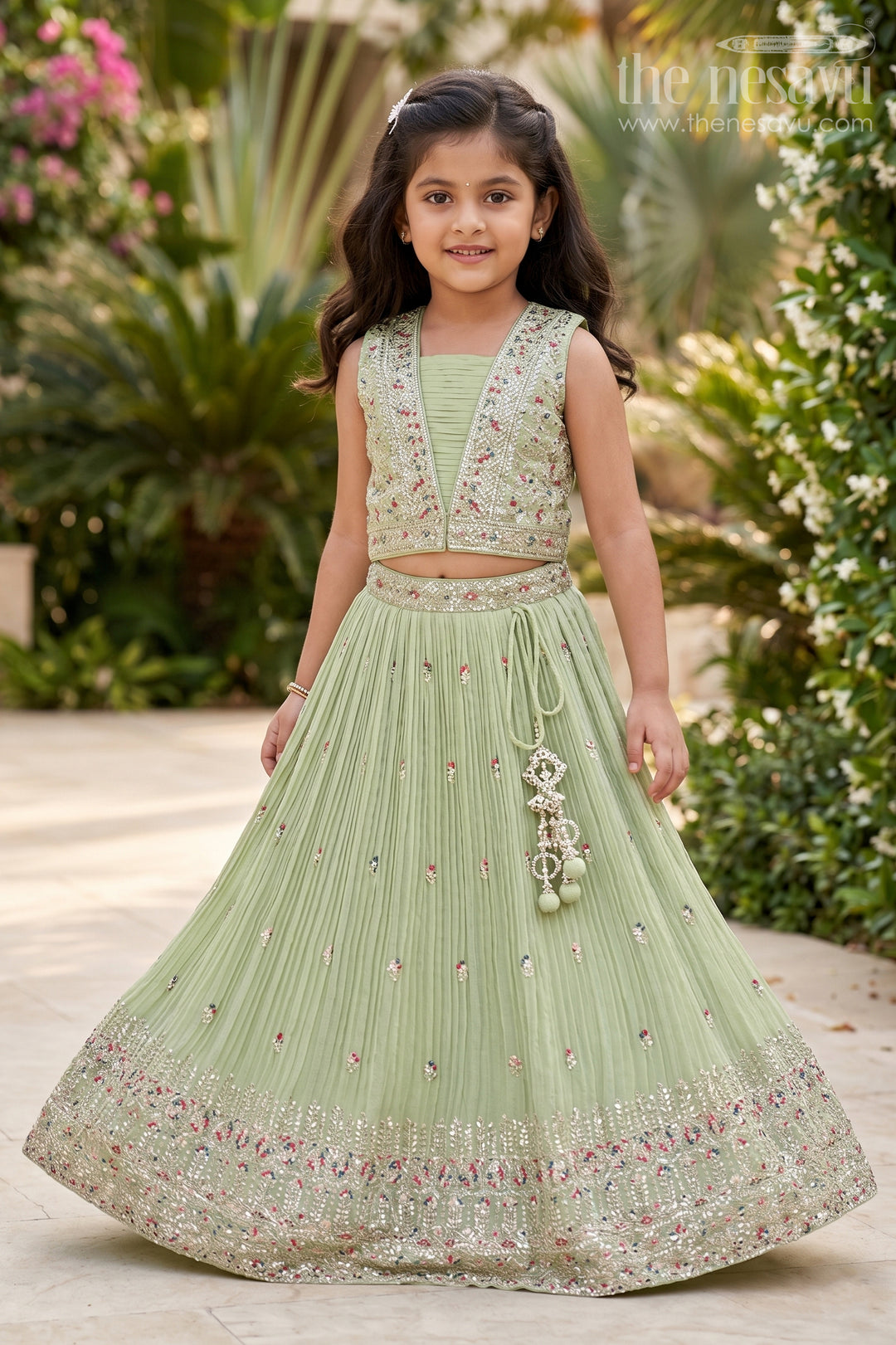 The Nesavu Girls Lehenga Choli Crush Chinon Embroidered Lehenga Choli Online for Girls in Green with Floral Embroidery Nesavu 24 (5Y) / Green GL532B-24 Nesavu Green Lehenga Choli Online Girls Designer Crush Chinon Floral Embroidery Festive Wear