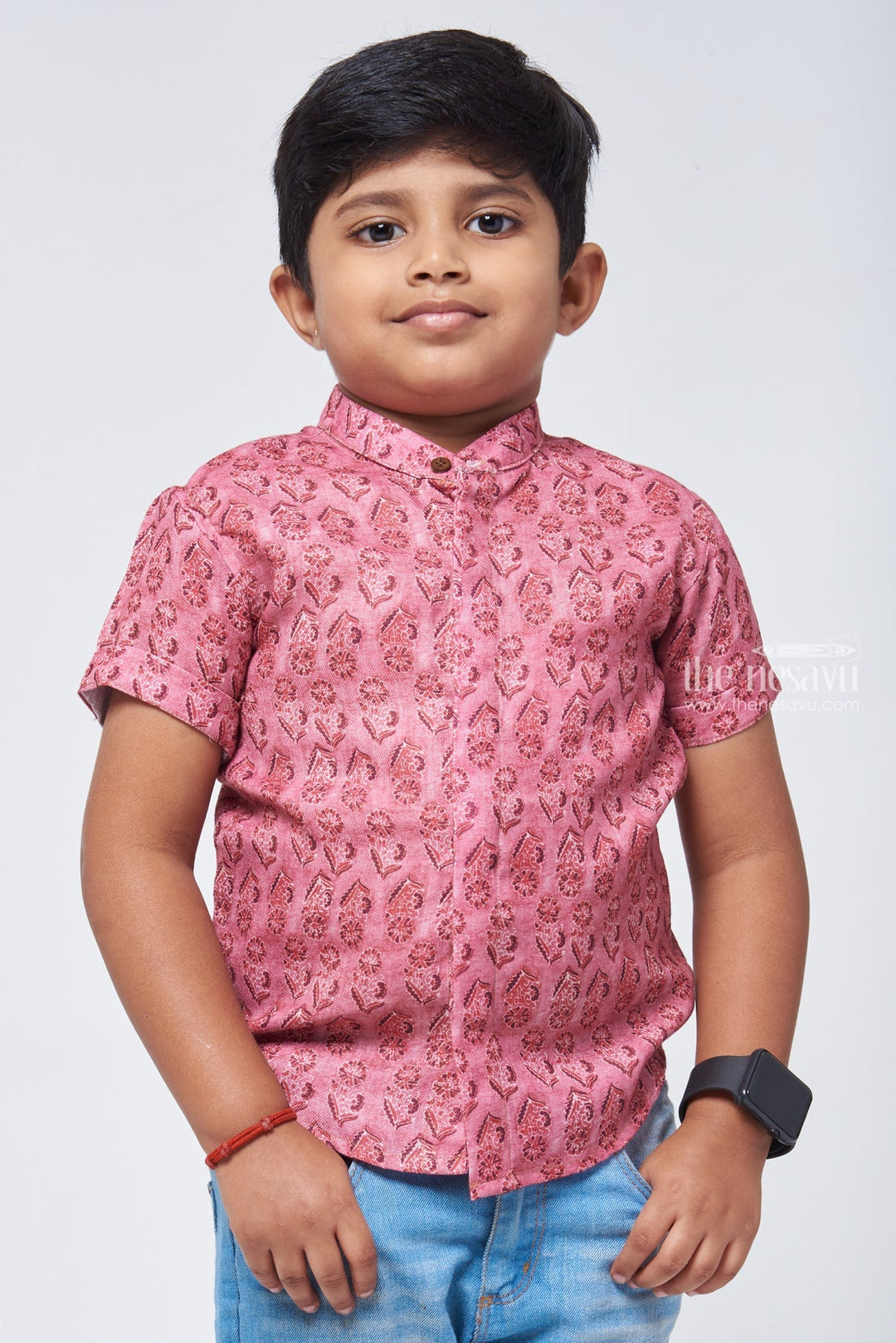 The Nesavu Boys Linen Shirt Cultural Essence: Linen Boys' Shirt with Handcrafted Traditional Indie Prints for Authenticity Nesavu 14 (6M) / Pink / Linen BS070-14 Handcrafted Traditional Indie Print Shirt | Boys Printed Shirt | The Nesavu
