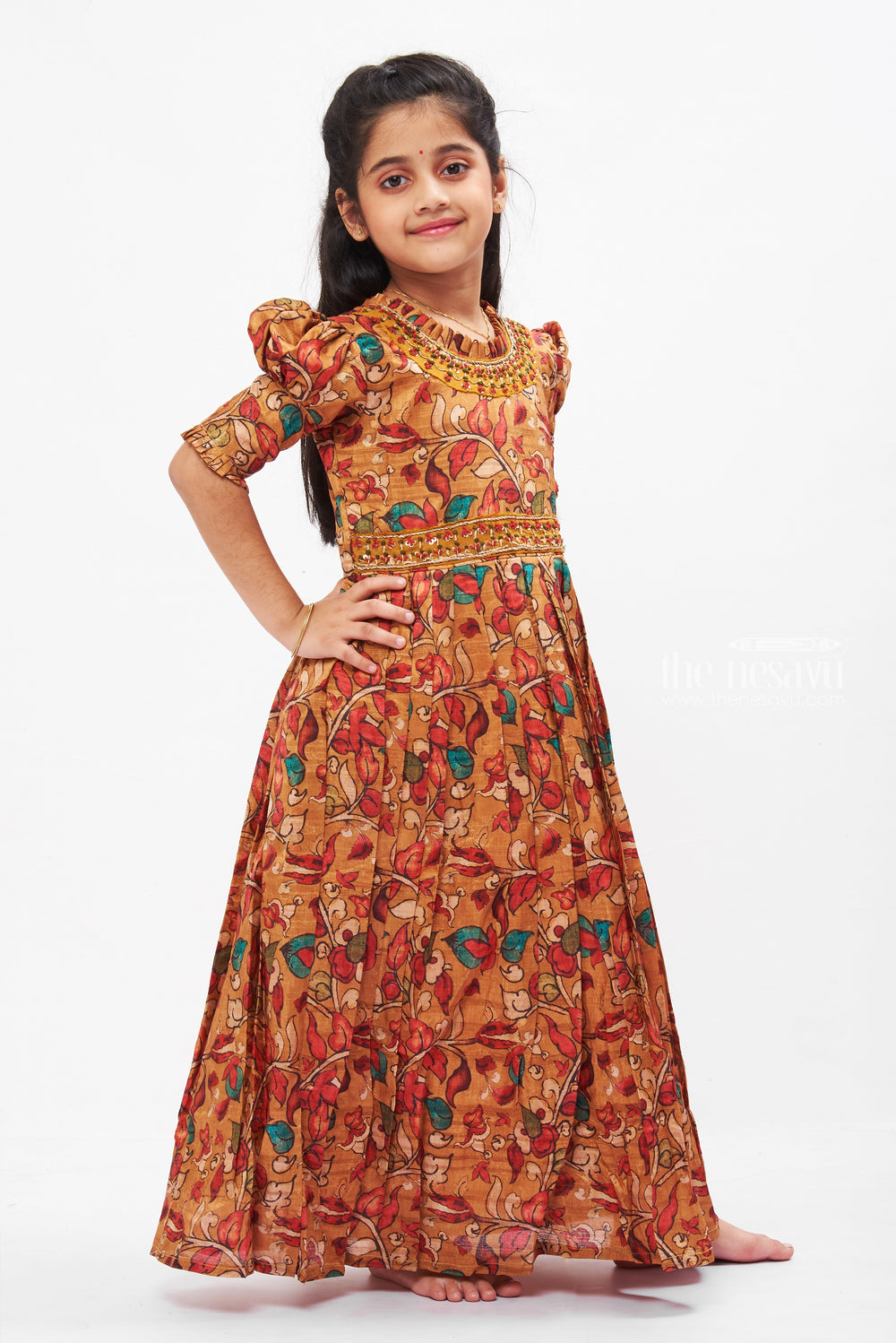 The Nesavu Girls Silk Gown Cultural Splendor Embellished Anarkali Gown for Girls- Traditional Festive Attire Nesavu Girls Beaded Floral Anarkali Dress | Elegant Ethnic Gown for Special Occasions | The Nesavu