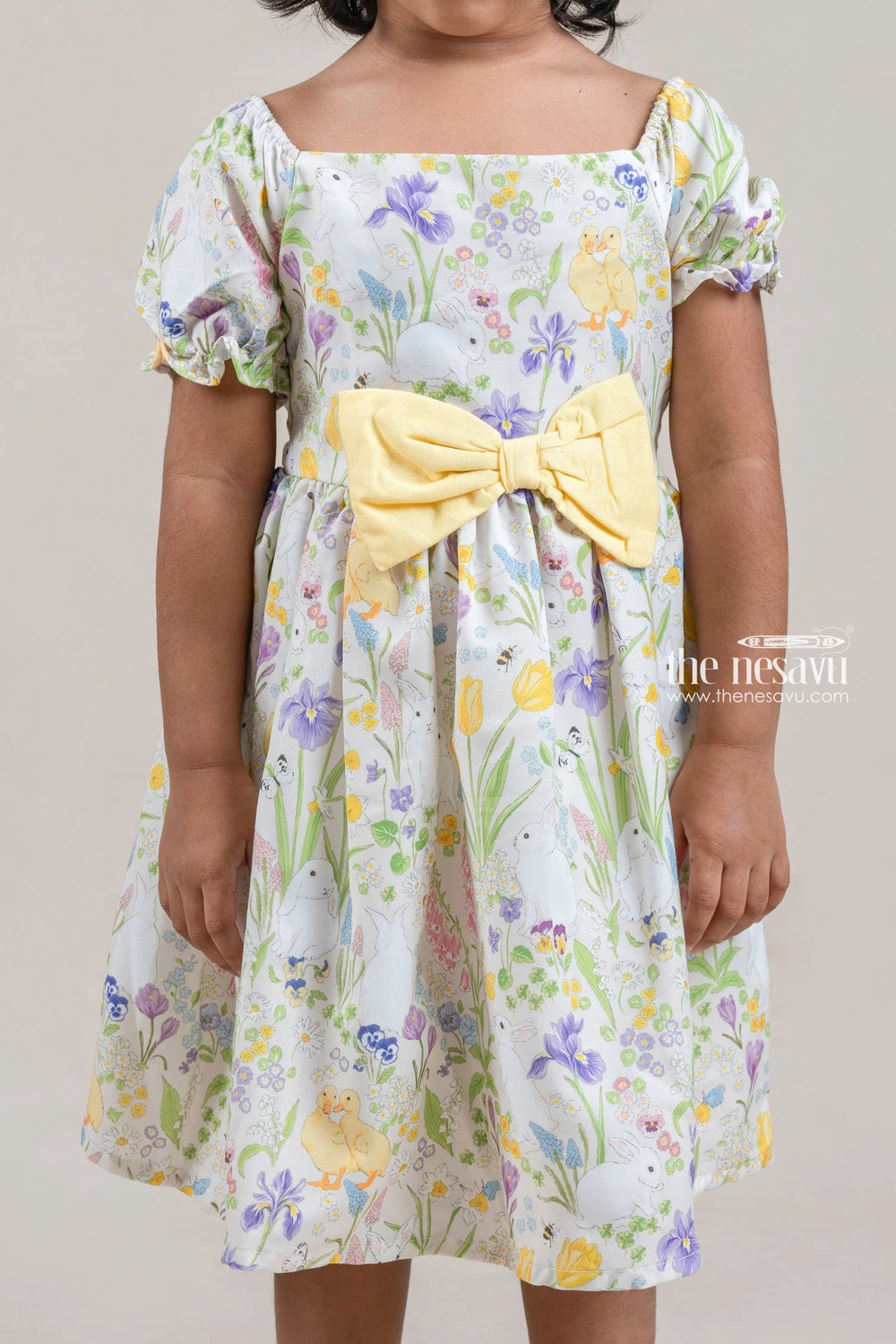 The Nesavu Girls Fancy Frock Cute Animals N Floral Printed White Girls Cotton Frock With Bow Applique Nesavu Latest Frock Design Online | Animal Printed Frock | The Nesavu