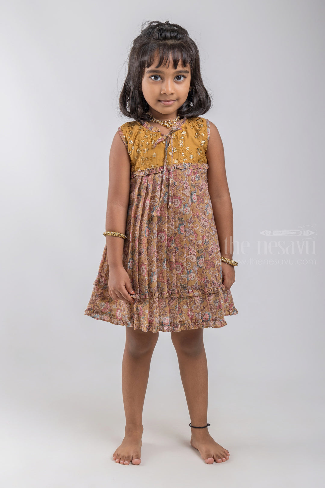 The Nesavu Baby Cotton Frocks Cute Beige Floral Printed Pleated Cotton Frock For Baby Girls psr silks Nesavu 14 (6M) / Beige / Cotton BFJ403B