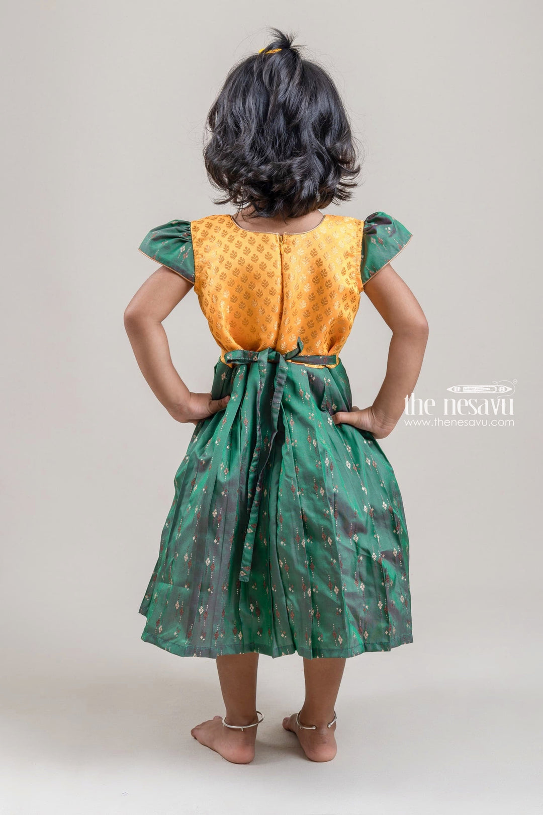The Nesavu Silk Frock Cute Brocade Designer Yellow Yoke And Green Pleated Semi-Silk Frock For Girls Nesavu Brocade designer Silk Frock For Girls | Green Silk Frock | The Nesavu