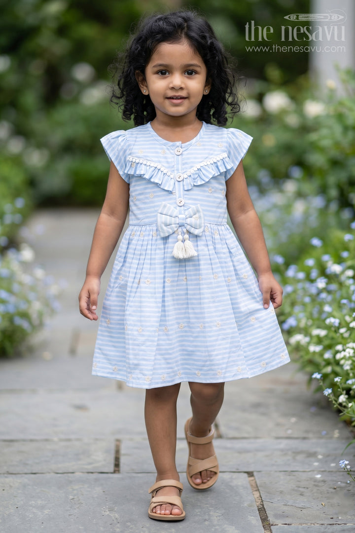 The Nesavu Girls Cotton Frock Cute Casual Frocks for Girls with Blue Stripes and Bow Detailing Comfortable and Stylish Nesavu 22 (4Y) / Blue GFC1494A-22 Nesavu Blue Striped Cotton Frock Ruffles Bow Details Perfect Casual Outings