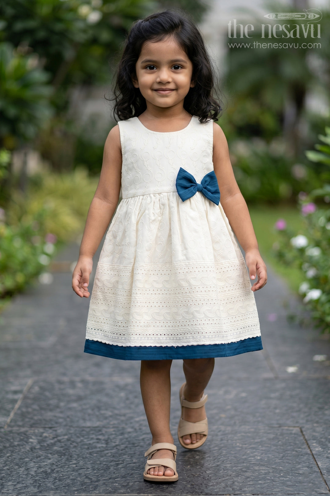 The Nesavu Girls Cotton Frock Cute Cotton Dresses with Hakoba Embroidery and Navy Bow for Girls Nesavu 18 (2Y) / Half white GFC1342D-18 Nesavu Cute Cotton Dress Girls Hakoba Embroidery Navy Bow  Great Gatherings