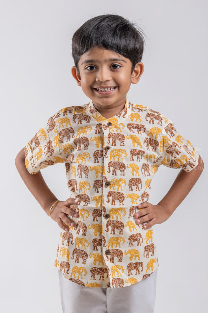 The Nesavu Boys Cotton Shirt Cute Elephant Print Shirt for Boys | Mul Mul Cotton | Nesavu | Playful and Adorable Kids' Fashion psr silks Nesavu 14 (6M) / Half White / Cotton BS040C
