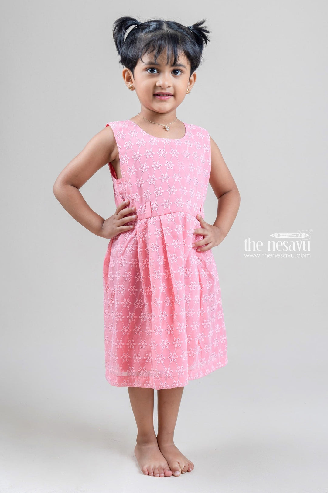 The Nesavu Baby Fancy Frock Cute Floral Embroidered Pink Baby Cotton Frock With Hand Crafted Belt Nesavu 14 (6M) / Salmon / Georgette BFJ397A-14 Floral Design Frock For Girl KIds | Baby Cotton Dresses | The Nesavu