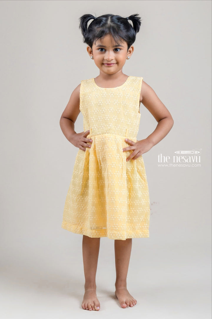 The Nesavu Baby Fancy Frock Cute Floral Embroidered Yellow Baby Cotton Frock With Hand Crafted Belt Nesavu 14 (6M) / Yellow / Georgette BFJ397B-14 Floral Design Frock For Girl KIds | Baby Cotton Dresses | The Nesavu