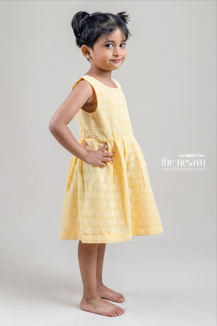 The Nesavu Baby Fancy Frock Cute Floral Embroidered Yellow Baby Cotton Frock With Hand Crafted Belt Nesavu Floral Design Frock For Girl KIds | Baby Cotton Dresses | The Nesavu