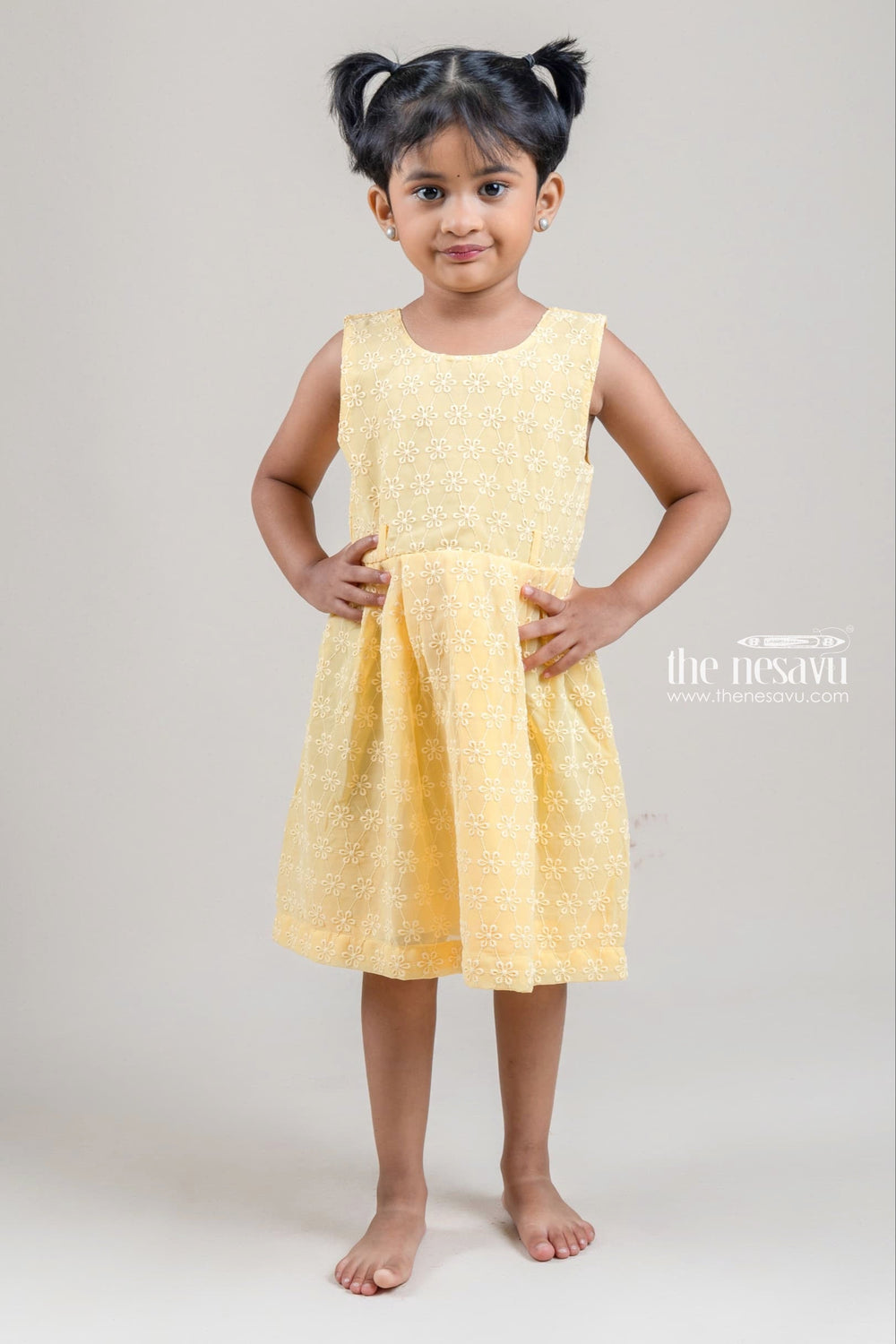 The Nesavu Baby Fancy Frock Cute Floral Embroidered Yellow Baby Cotton Frock With Hand Crafted Belt Nesavu Floral Design Frock For Girl KIds | Baby Cotton Dresses | The Nesavu