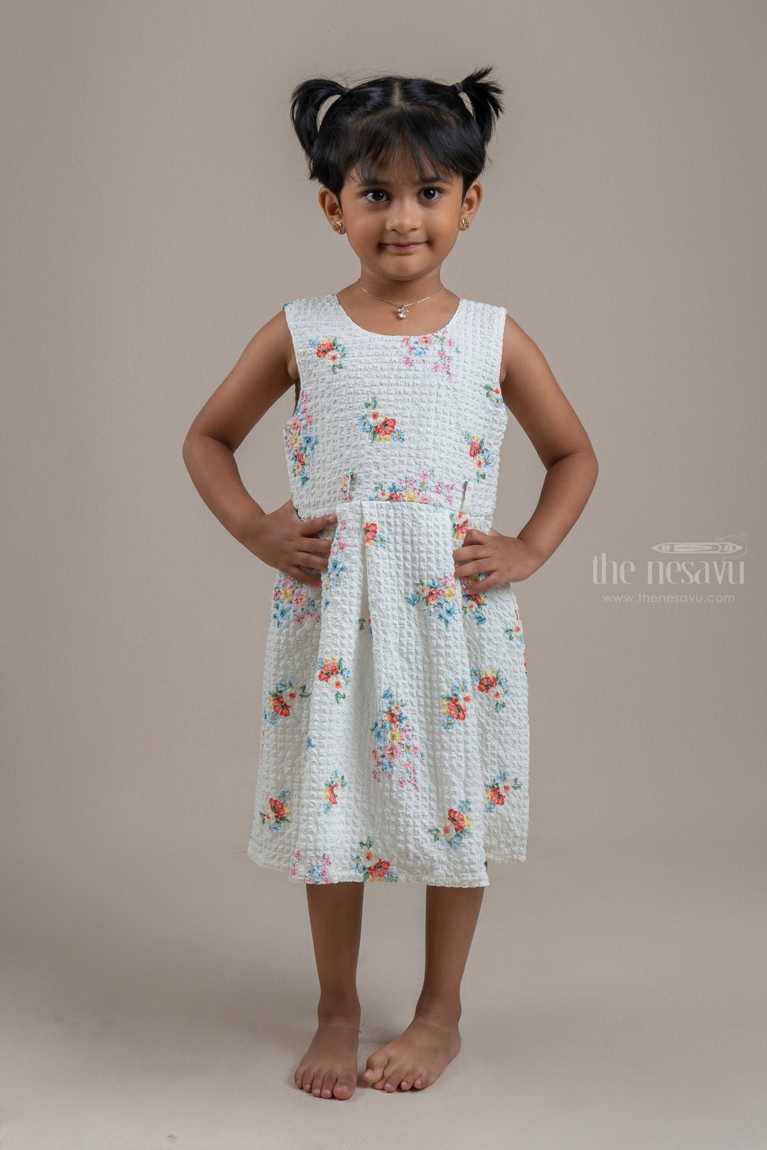 The Nesavu Baby Frock / Jhabla Cute Floral Printed Half-White Baby Frock With Hand-Crafted Belt psr silks Nesavu 14 (6M) / Half White BFJ394A