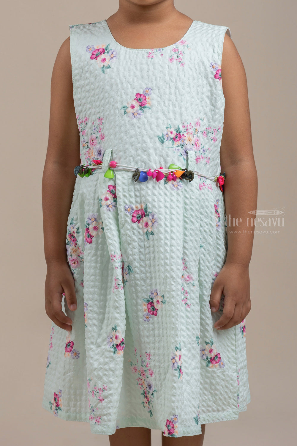 The Nesavu Baby Frock / Jhabla Cute Floral Printed White Ice Colored Baby Frock With Hand-Crafted Belt psr silks Nesavu