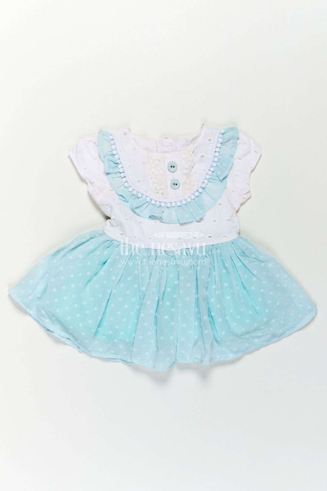 The Nesavu Baby Fancy Frock Cute Frocks for Girl in Pastel Blue with Hakoba Lace Yoke and Georgette Polka Dot Flare Nesavu Cute Frocks Girl Blue Hakoba Lace Yoke Polka Dot Georgette Skirt | The Nesavu