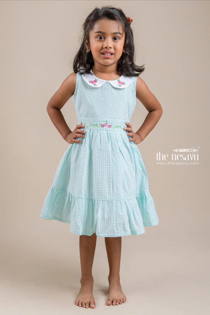 The Nesavu Girls Cotton Frock Cute Peter Pan Collared Chekered Pattern Turquoise Girls Frock With Floral Embroidered Design Nesavu 20 (3Y) / Green / Cotton GFC1043B-20 Girls Cotton Frock Online | Casual Wear For Girls | The Nesavu
