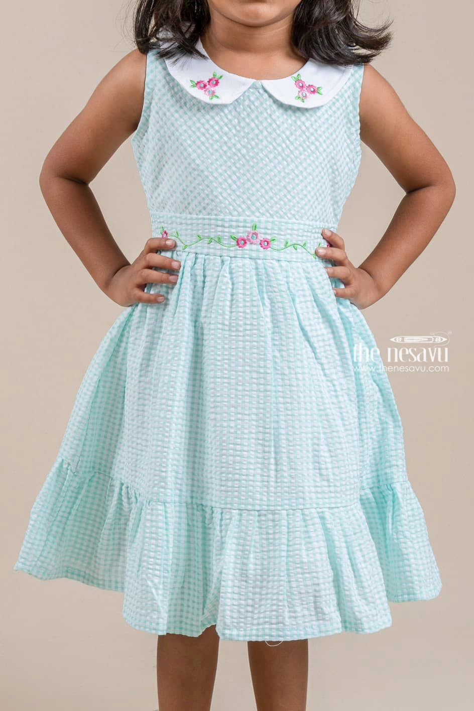 The Nesavu Girls Cotton Frock Cute Peter Pan Collared Chekered Pattern Turquoise Girls Frock With Floral Embroidered Design Nesavu Girls Cotton Frock Online | Casual Wear For Girls | The Nesavu