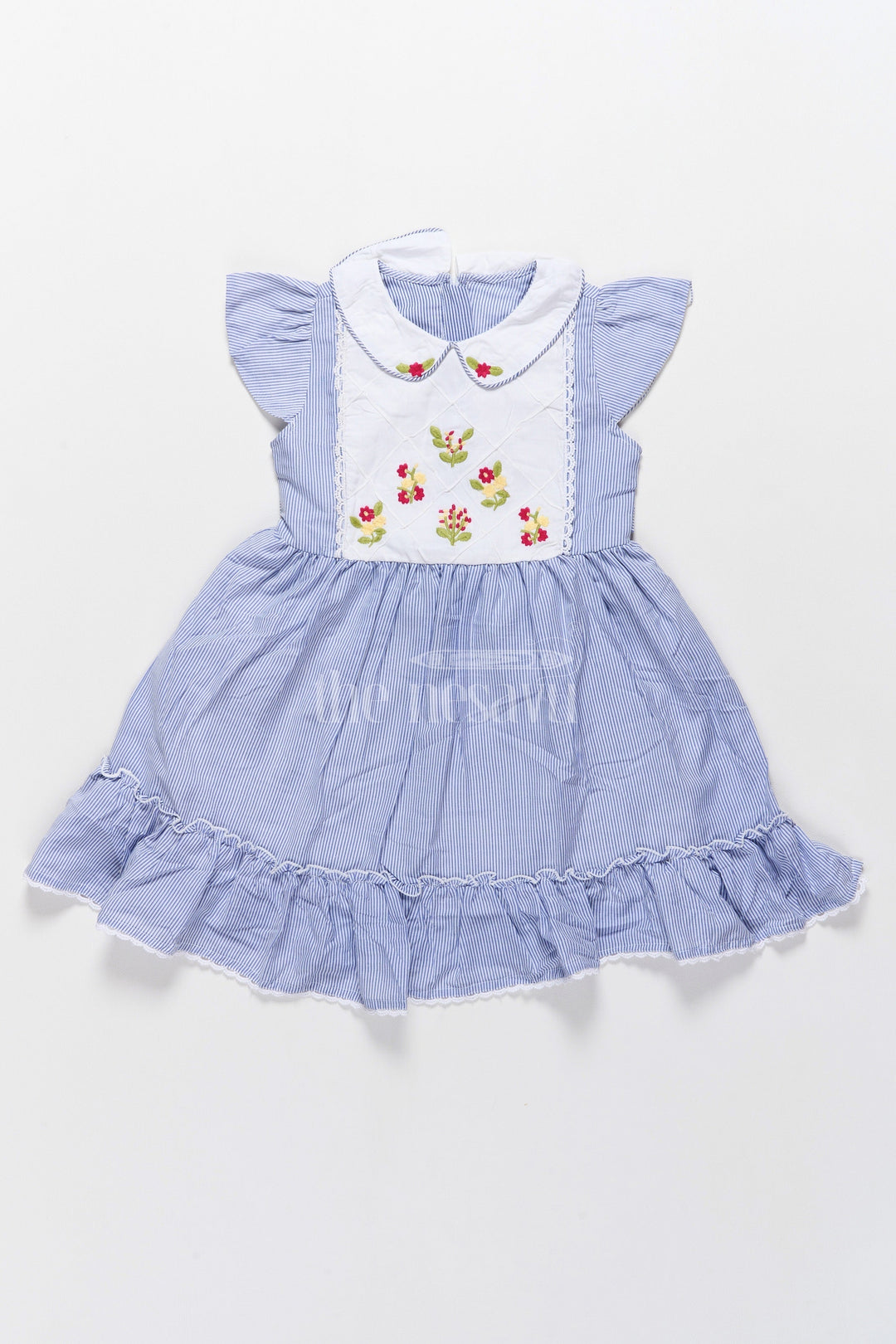 The Nesavu Girls Cotton Frock Cute Striped Girls Frock in Blue with Embroidered Bodice and Flutter Sleeves Ideal for Cute Frocks Collection Nesavu 30 (8Y) / Blue GFC1496A-30 Nesavu Cute Blue Striped Girls Frock Embroidered Bodice  Comfortable Stylish