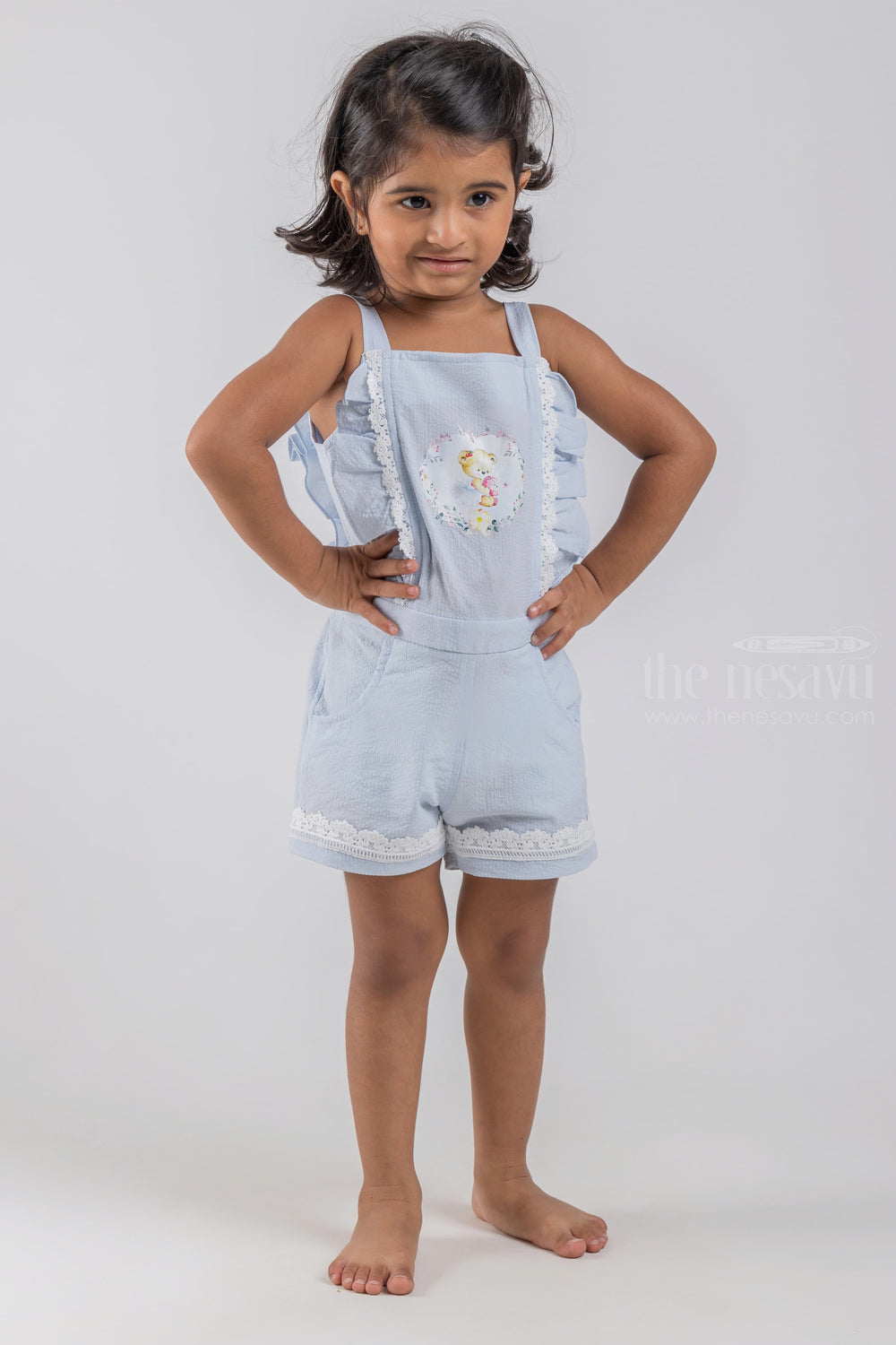 The Nesavu Baby Dungarees Cute Teddy Bear Printed Sleeveless Blue Top and Blue Trouser Set for Baby Girls psr silks Nesavu