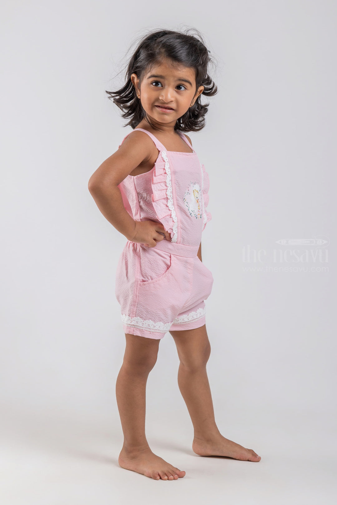 The Nesavu Baby Dungarees Cute Teddy Bear Printed Sleeveless Pink Top and Pink Trouser Set for Baby Girls psr silks Nesavu